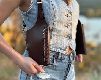 Women's Leather Shoulder Holster Bag, Festival - Travel Bag, Brown Leather Holster Vest - Gift for Women - Valentine's Day Gift