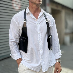 Bolso bandolera de piel negra, bolso de viaje para festivales, chaleco de piel auténtica, regalo para hombres, regalo de San Valentín