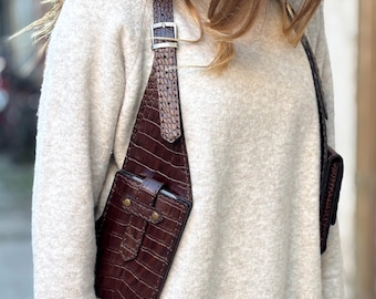 Croc Print Leather Shoulder Holster Bag, Festival - Travel Bag, Real Leather Holster Vest, Brown Leather Woman Holster Bag