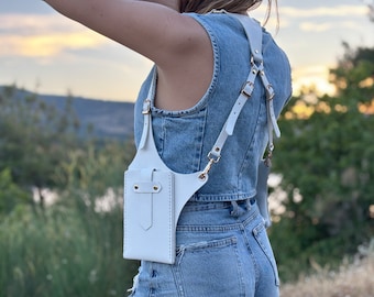 Women's Leather Shoulder Holster Bag, Festival - Travel Bag, White Leather Holster Vest