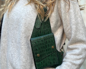 Croc Print Leather Shoulder Holster Bag, Festival - Travel Bag, Real Leather Holster Vest, Green Leather Woman Holster Bag
