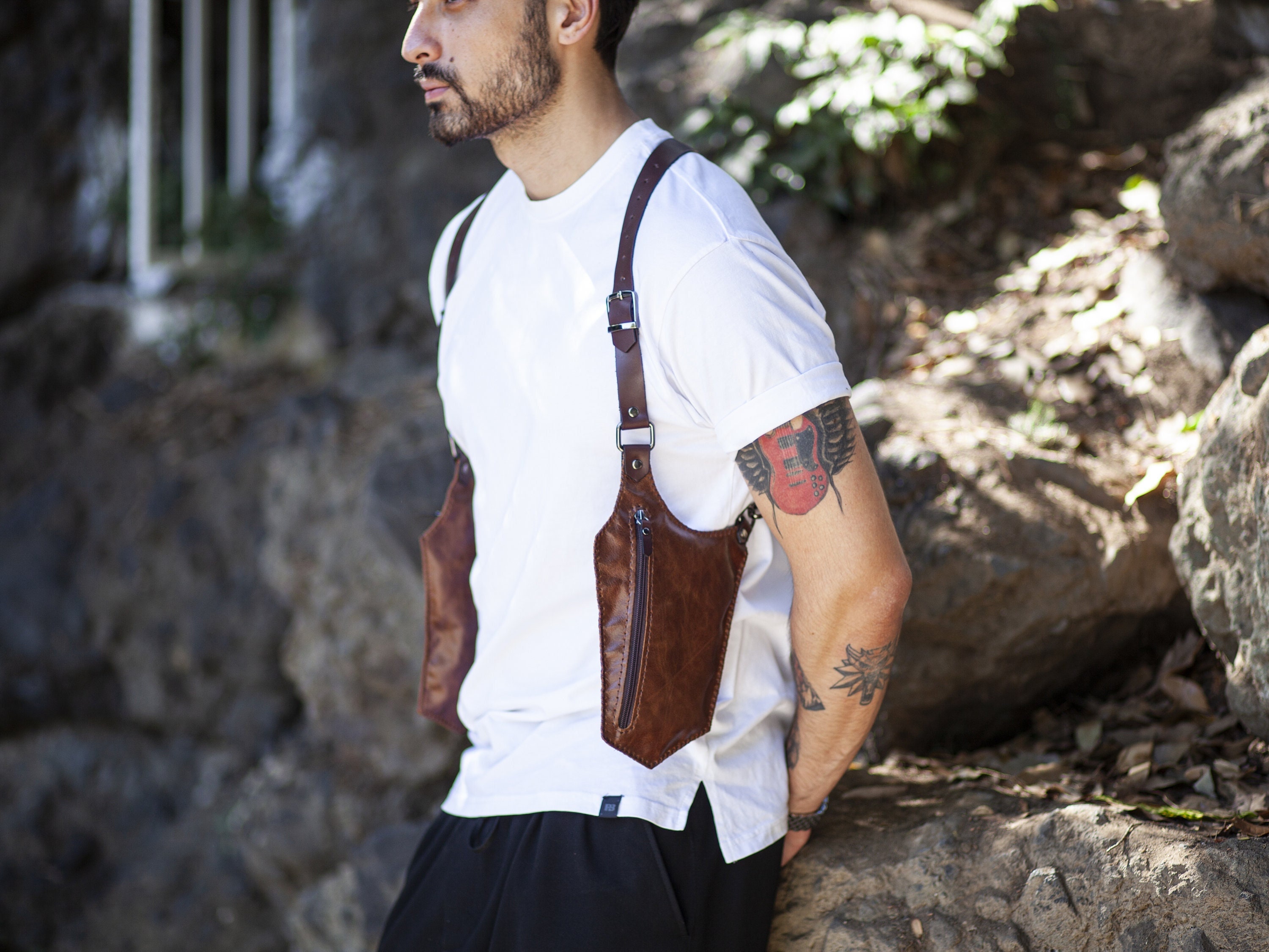 Sac Pochette Holster En Cuir Vachette - Marron - NEUF