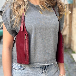 Sac à bandoulière en cuir bordeaux pour femme, festival - sac de voyage, gilet en cuir véritable