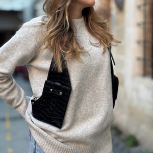 Croc Print Leather Shoulder Holster Bag, Festival - Travel Bag, Real Leather Holster Vest, Black Leather Woman Holster Bag