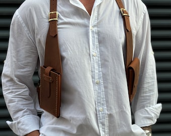 Bolso bandolera rústico de cuero, ideal para festivales y viajes. Chaleco bandolera de cuero auténtico. Regalo para hombre. Regalo de San Valentín.