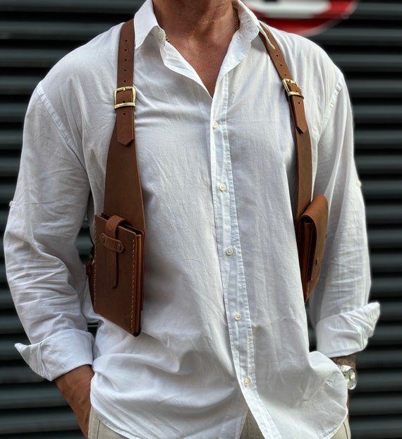 Rustic Leather Shoulder Holster Bag, Festival - Travel Bag, Real Leather Holster Vest - Gift for Men - Valentine's Day Gift