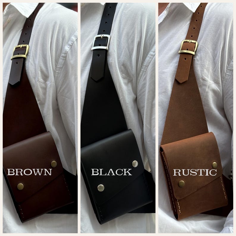 Puede incluir: Tres bolsos de cuero de bandolera con correas ajustables y hebillas met&aacute;licas. Los bolsos se muestran en colores marr&oacute;n, negro y r&uacute;stico. Los bolsos tienen cierre de solapa y un solo bolsillo en la parte delantera. Los bolsos est&aacute;n etiquetados como "BROWN", "BLACK" y "RUSTIC".