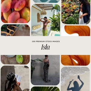 May include: A collage of images featuring tropical fruits, a woman in a pink bikini and green pants, a woman in a zebra print dress, and the text "100 PREMIUM STOCK IMAGES Isla".