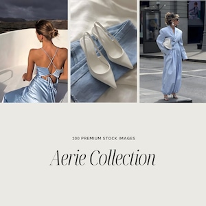 Op de afbeelding: Een collage van mode-afbeeldingen met een lichtblauwe satijnen jurk, witte slingback-pumps met spitse neus en een lichtblauw pak. De tekst "Aerie Collection" wordt onder de afbeeldingen weergegeven, met de woorden "100 Premium Stock Images" erboven.