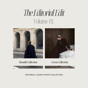 May include: The Editorial Edit Volume 01 digital photo collection featuring two images. The left image shows a person in a dark coat walking past stone arches labelled Moonlit Collection. The right image shows a person in a brown suit labelled Cocoa Collection.