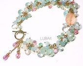 Aquamarine Bracelet Gold, Blue Gemstone Cluster Bracelet, Precious Stones, Pastel Jewelry, Blue and Pink Beaded Bracelet, Bridal Jewelry