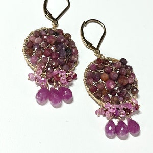 Woven Ruby Earrings Gold Pink Gemstone Earrings Multi Shade Rubies Fringe Earrings Artisan Jewelry Ruby Jewelry Birthday Gift for Her
