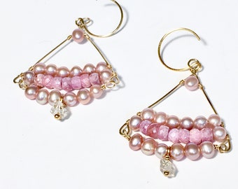 Pink Sapphire and Pearl Fan Earrings, Gold Pink Chandelier, Pink Gemstone Bridal Earrings, Bridesmaid Jewelry, Pearl Jewelry Unique Earrings