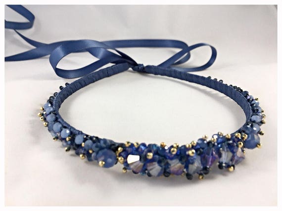 Blue and Gold Floral Beaded Headband Blue and Gold Flower Headband, Vintage Style, Tribal  main image 2
