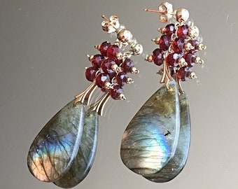 Labradorite and Red Garnet Earrings, Labradorite Drop, Long Gemstone Earrings, January Birthstone, Gold Post Earrings, Statement Earrings