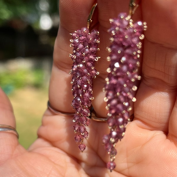 Pink Garnet Cluster Earrings Pink Earrings Gold Pink Gemstone Jewelry Grape Shape Earrings Long Cascading Clusters Dangle Clusters Statemen