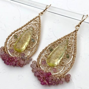 Woven Teardrop Hoops Lemon Quartz Ombre Sapphire Earrings Long Gold Gemstone Earrings Sapphire Jewelry Wire Work Bridal Jewelry Moms Gift