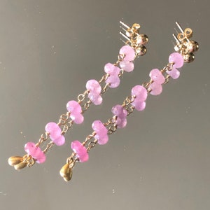 Pink Sapphire Post Earrings, Ombré Earrings, Long Gold Earrings, Pink Gemstone, Precious Stone, Sapphire jewelry, Dangle Earrings, Delicate