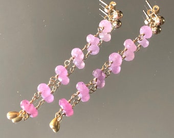 Pink Sapphire Post Earrings, Ombré Earrings, Long Gold Earrings, Pink Gemstone, Precious Stone, Sapphire jewelry, Dangle Earrings, Delicate