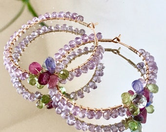 Pink Amethyst Gold Hoops Large Beaded Hoops Multi Gemstone Earrings Statement Earrings Lavender Gemstone Hoops Bridal Hoops Amethyst Jewelry