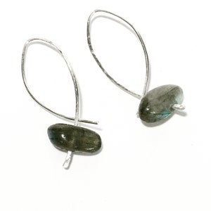 May include: A pair of silver hoop earrings with a dark gray labradorite gemstone on each hoop.