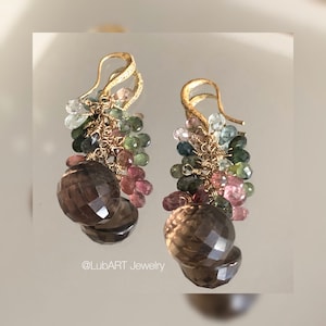 Smoky Quartz Tourmaline Dangle Earrings, Long Cluster Earrings, Cascade Gemstones, Wire Wrapped, Pink Green Gold Filled Earrings,