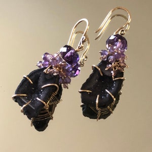 Tabasco Geode and Amethyst Earrings, Purple Geode Gemstone, Raw Stone Cluster Earrings, 14K Gold Filled Prong Setting, Statement Earrings