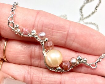 Wave Bar Pearl Necklace, Beaded Bar Necklace Wire Wrap