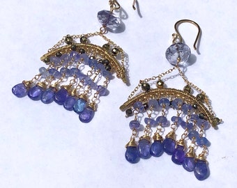 Tanzanite Pyrite Iolite Chandelier Fringe Earrings, Dangle Multi Gemstone Earrings, Statement Earrings, Bridal Earrings, Tanzanite Jewelry