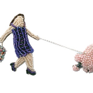 Sale: Beaded French Lady Walking Pink Poodle 2-Part Pearl Pin Brooch Bead Embroidery Jewelry Gift for Her / Ready to Ship a image 1