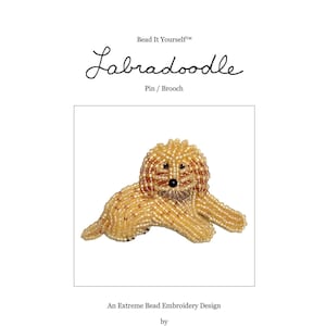 May include: Bead It Yourself Labradoodle Pin / Brooch bead embroidery design by the lone beader. A beaded image of a light brown labradoodle.