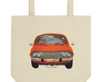 Golden Retrievers Love Trucks (and cars) - Original Dog Art Print Organic Cotton Eco Grocery Tote Bag- Printed Image- MADE to ORDER
