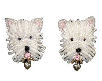 WESTIE LOVE beaded West Highland White Terrier bead embroidery clip on dog earrings for Non-Pierced ears (Made to Order)