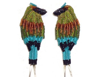 Beaded Turquoise-Browed MotMot oversized pin or statement earrings 4" - sterling silver bead embroidery art jewelry  (Made to Order)