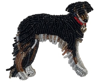 BORZOI Black White & Brown Beaded Russian Wolfhound dog pin brooch - Jewelry Gift for Her (Ready to Ship)