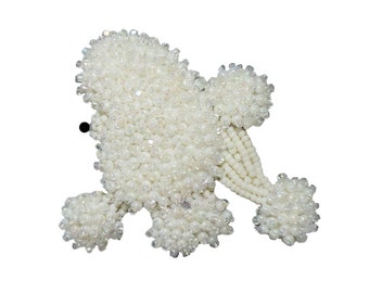 MINIATURE POODLE pin white beaded keepsake dog pendant art jewelry- bead embroidery brooch-  Ready to Ship