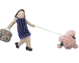 Sale: Beaded French Lady Walking Pink Poodle 2-Part Pearl Pin Brooch Bead Embroidery Jewelry- Gift for Her / Ready to Ship (a)
