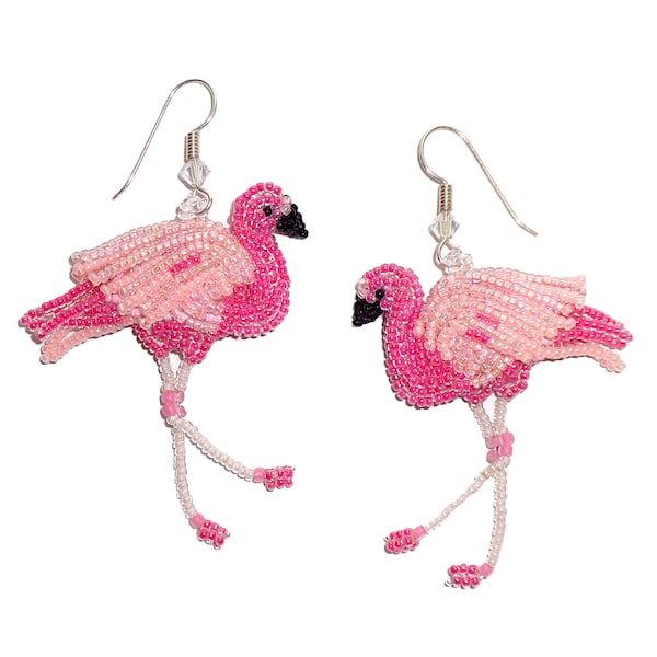 Beaded AMERICAN PINK FLAMINGO long dangly sterling silver earrings 2.5" - bead embroidery art jewelry (Made to Order)