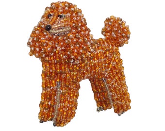 Brown STANDARD POODLE beaded dog art pin bead embroidery brooch (Ready to Ship)