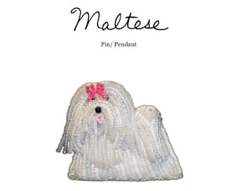 Set of 2 PDF Files: MALTESE Dog Pin Beading Pattern + Intro to Bead Embroidery Cat Tutorial