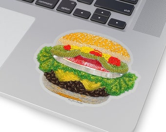 May include: A close-up of a beaded hamburger with lettuce, tomato, cheese, and pickles. The hamburger is made of colorful beads and is a fun and unique piece of art.