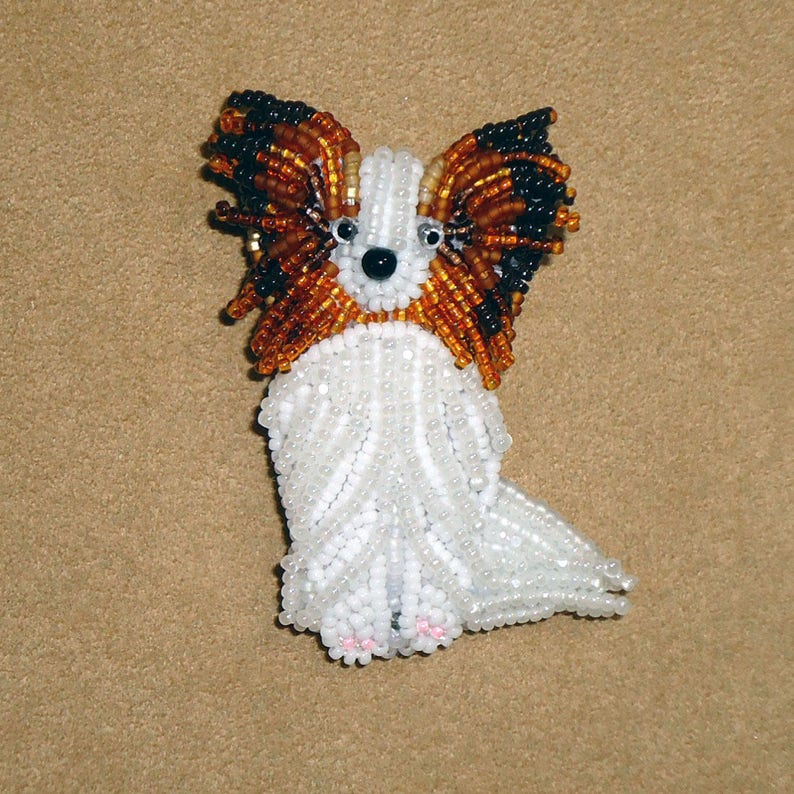 Sitting PAPILLON beaded dog pin pendant art necklace jewelry Made to Order, Brown or Black image 2