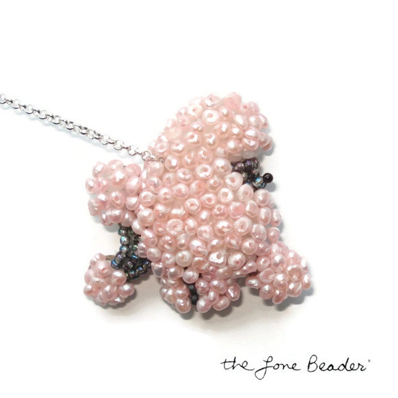 Sale: Beaded French Lady Walking Pink Poodle 2-Part Pearl Pin Brooch Bead Embroidery Jewelry Gift for Her / Ready to Ship a image 3