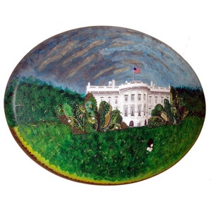 Beaded WHITE HOUSE portrait Washington DC fight for democracy mixed media wall art painting 24 x 36 Beadwork on oval canvas a s image 4