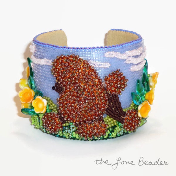 POODLE in PUBLIC GARDEN Beaded Cuff Bracelet Bead Embroidery Art Dog Jewelry - Gift for Her / Ready to Ship (a)