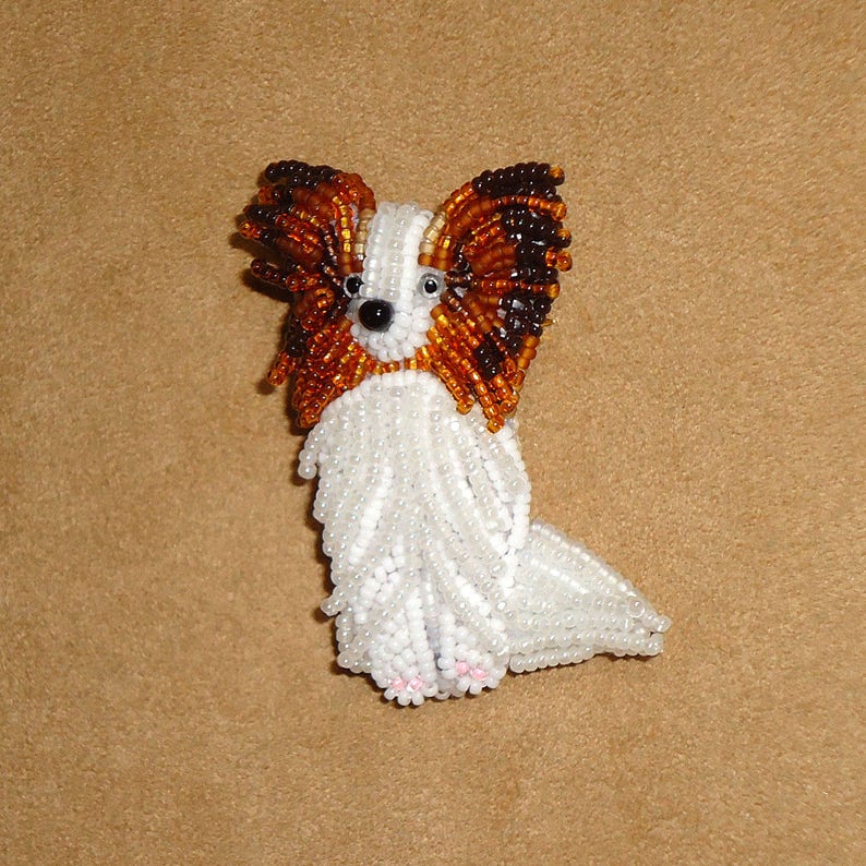 Sitting PAPILLON beaded dog pin pendant art necklace jewelry Made to Order, Brown or Black image 3