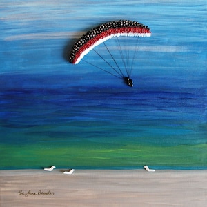 Sale: Parasail the Blue Skies. Beaded Beach painting on canvas 12 x 12/ Ready to Ship image 1