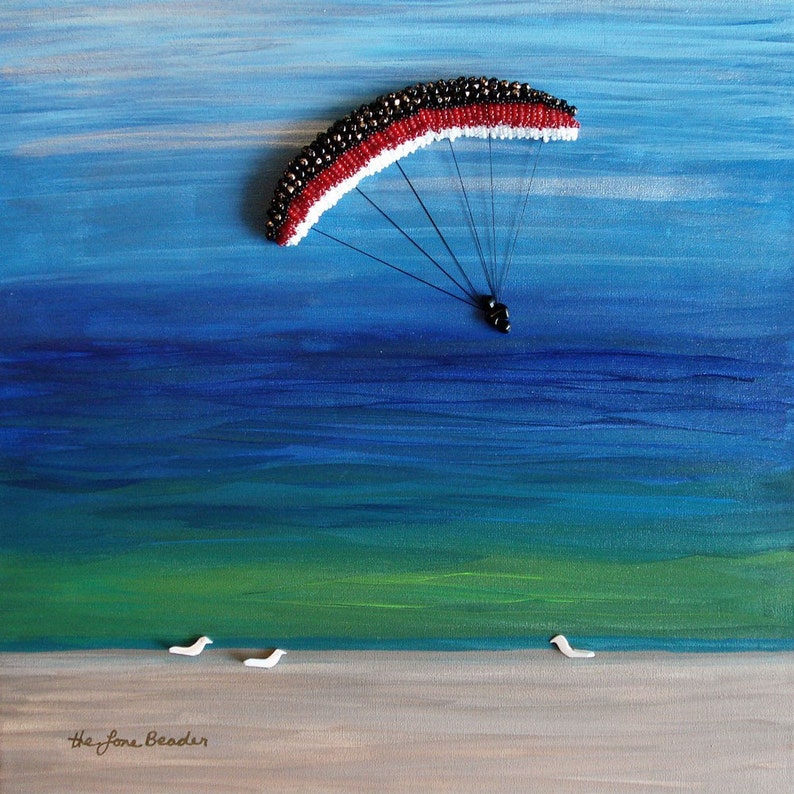 Sale: Parasail the Blue Skies. Beaded Beach painting on canvas 12 x 12/ Ready to Ship image 1