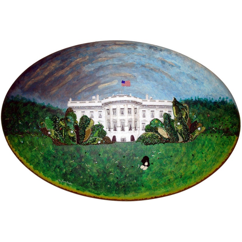 Beaded WHITE HOUSE portrait Washington DC fight for democracy mixed media wall art painting 24 x 36 Beadwork on oval canvas a s image 3