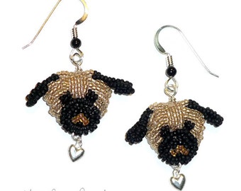 PUG LOVE bead embroidery dog earrings w/ sterling silver hearts/ Made to Order